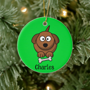 Brown dog with bone personalised on green ceramic tree decoration