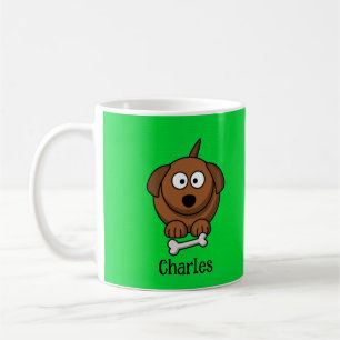 Brown dog with bone personalised on green coffee mug