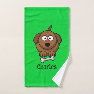 Brown dog with bone personalised on green hand towel