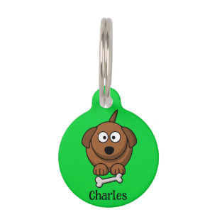 Brown dog with bone personalised on green pet tag