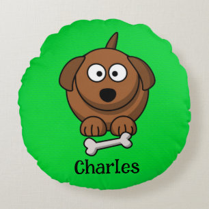 Brown dog with bone personalised on green round cushion