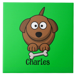 Brown dog with bone personalised on green tile