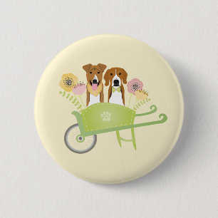 Brown Dogs In Wheelbarrow Spring Flowers 6 Cm Round Badge