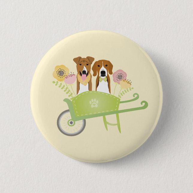 Brown Dogs In Wheelbarrow Spring Flowers 6 Cm Round Badge (Front)