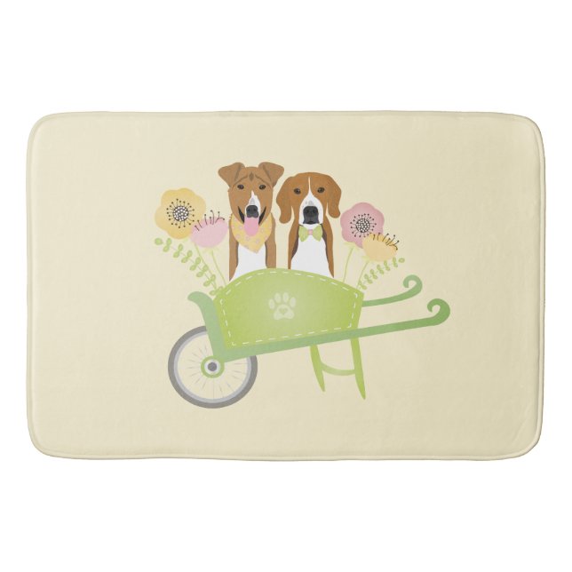Brown Dogs In Wheelbarrow Spring Flowers Bath Mat (Front)