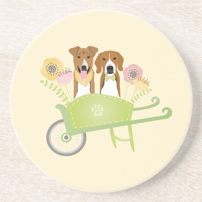 Brown Dogs In Wheelbarrow Spring Flowers Coaster (Front)
