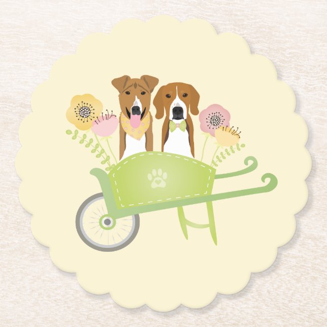 Brown Dogs In Wheelbarrow Spring Flowers Paper Coaster (Front)