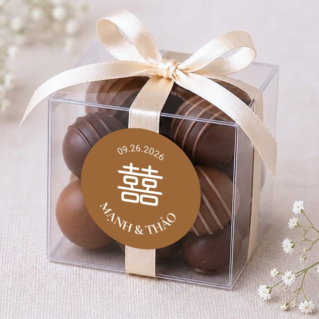 Brown Double Happiness Wedding  Classic Round Sticker (Creator Uploaded)