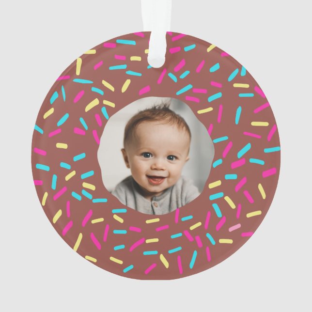 Brown Doughnut Babys First Christmas Custom Photo  Ornament (Back)