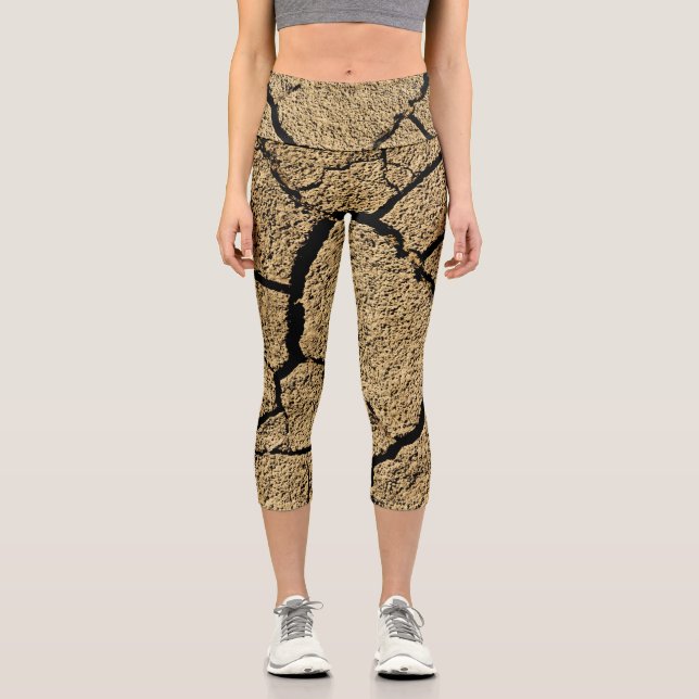 Brown dry land cracked earth drought texture capri leggings (Front)