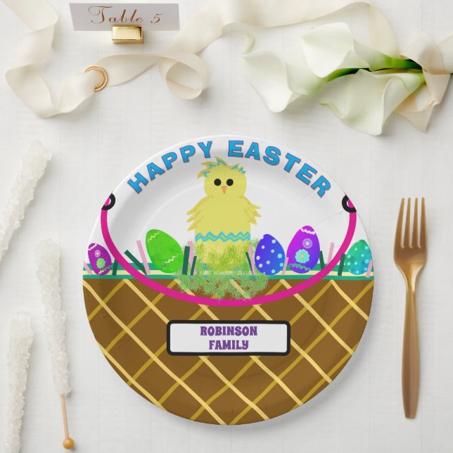 Brown Easter Basket Yellow Blue Striped Chick Egg Paper Plate (Wedding)