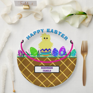 Brown Easter Basket Yellow Chick Eggs  Paper Plate