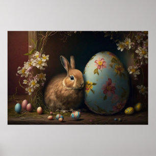 Brown Easter Bunny beside a Blue Floral Egg Poster