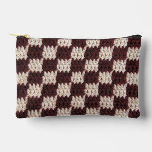 Brown Ecru Chequered Pattern Artisan Crochet Print Accessory Pouch