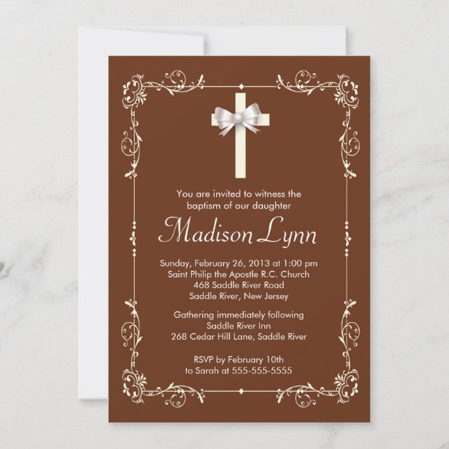 Brown Elegant Baptism | Christening Elegant Cross Invitation (Front)