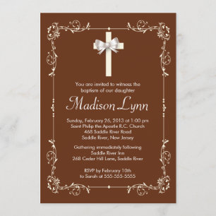 Brown Elegant Baptism   Christening Elegant Cross Invitation