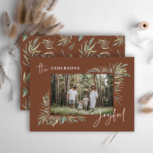 Brown elegant botanical photo simple Christmas Holiday Card (Creator Uploaded)
