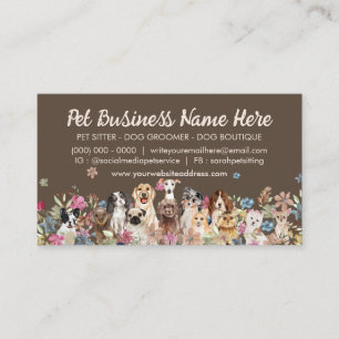 Brown Elegant Flowers Dog Groomer Business Card