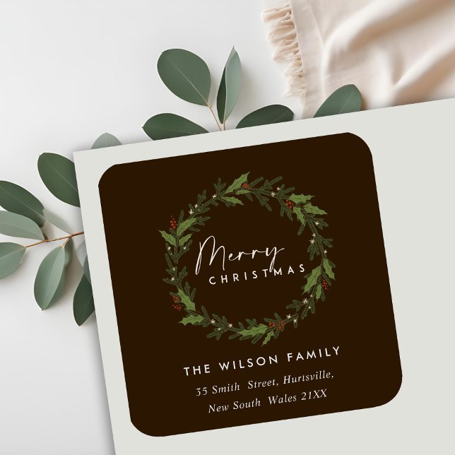 BROWN ELEGANT HOLLY BERRY WREATH CHRISTMAS ADDRESS SQUARE STICKER (Creator Uploaded)