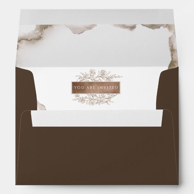 Brown, Elegant Monogram, Earthy Watercolor Wedding Envelope (Back (Bottom))