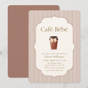 Brown Elegant Stripe Café Bébé Coffee Baby shower Invitation