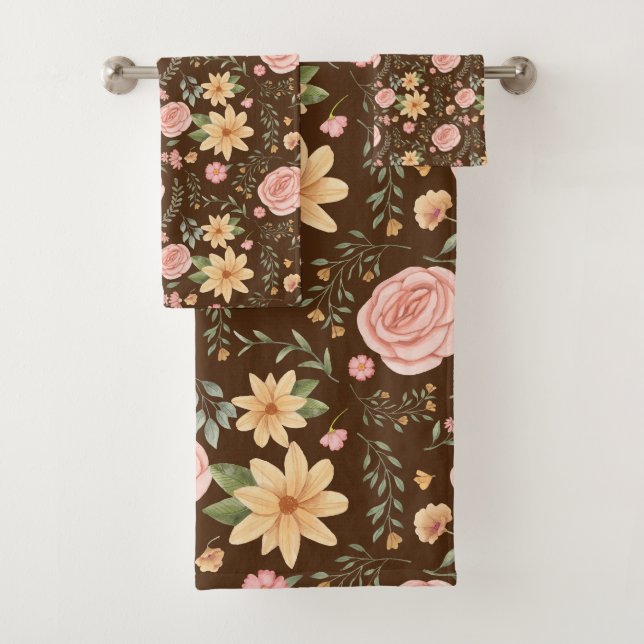 Brown Elegant Vintage Wildflower Pattern  Bath Towel Set (Insitu)