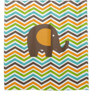 Brown Elephant on Colourful Chevron Stripes Shower Curtain