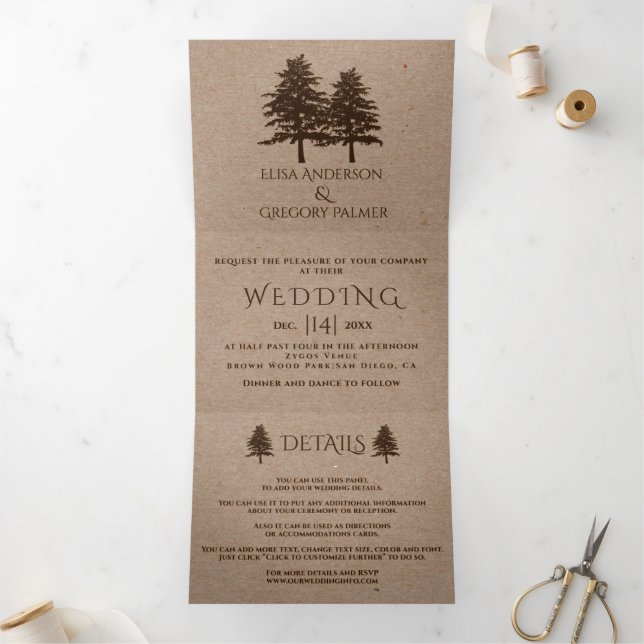 Brown embossed trees on kraft paper winter wedding Tri-Fold invitation (Inside)