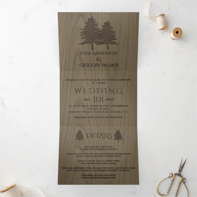 Brown embossed trees on sepia wood winter wedding Tri-Fold invitation (Inside)