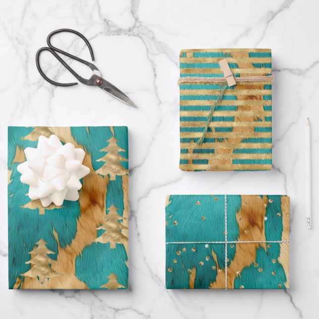 Brown Emerald Gold Christmas Tree Sparkle     Wrapping Paper Sheet (Front)