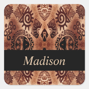Brown ethical tradional pattern square sticker