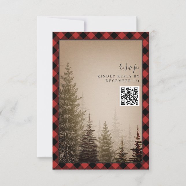 Brown Evergreen Tree Rustic Plaid Wedding QR Code RSVP Card (Front)