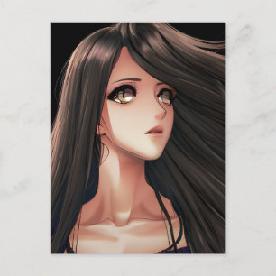 Brown Eyed Brunette Anime Girl Birthday Postcard