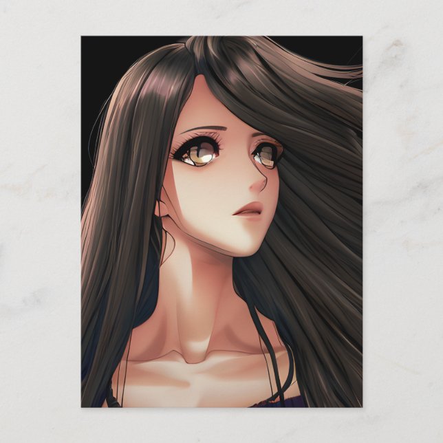Brown Eyed Brunette Anime Girl Birthday Postcard (Front)