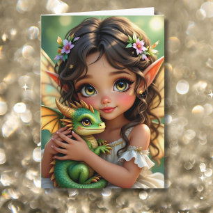 Brown Eyed Elven Fairy and Dragon Birthday Card