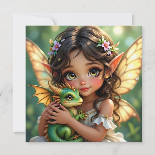 Brown Eyed Elven Fairy and Dragon  Card (Front)