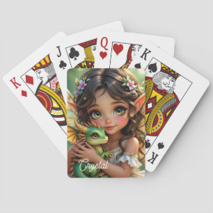 Brown Eyed Elven Fairy and Dragon Personalized Playing Cards
