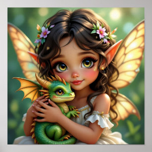 Brown Eyed Elven Fairy and Dragon  Poster