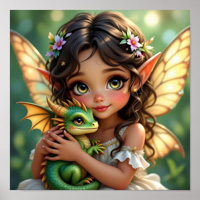 Brown Eyed Elven Fairy and Dragon  Poster (Front)