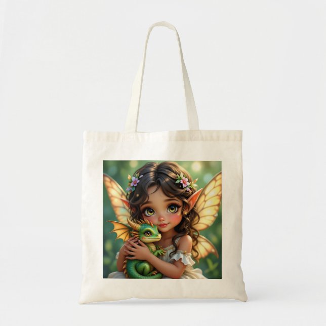 Brown Eyed Elven Fairy and Dragon  Tote Bag (Front)