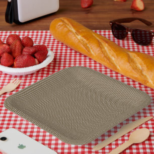 Brown fabric with a repeating vertical pattern of  paper plate