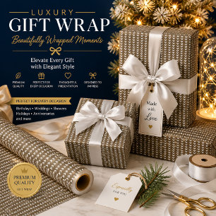 Brown fabric with a repeating vertical pattern of wrapping paper
