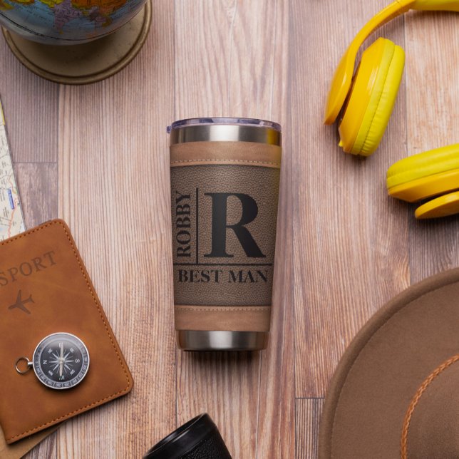 Brown Fake Leather Stiches Monogram Custom Name Insulated Tumbler (Creator Uploaded)