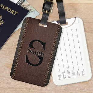 Brown Fake Leather With Sewing Stitches Effects Luggage Tag