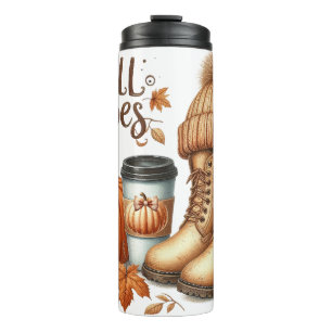 BROWN FALL AUTUMN BOOTS HAT COFFEE & PUMPKINS THERMAL TUMBLER