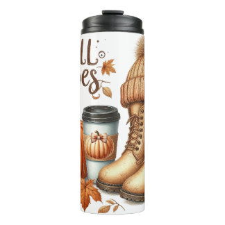 BROWN FALL AUTUMN BOOTS HAT COFFEE & PUMPKINS THERMAL TUMBLER
