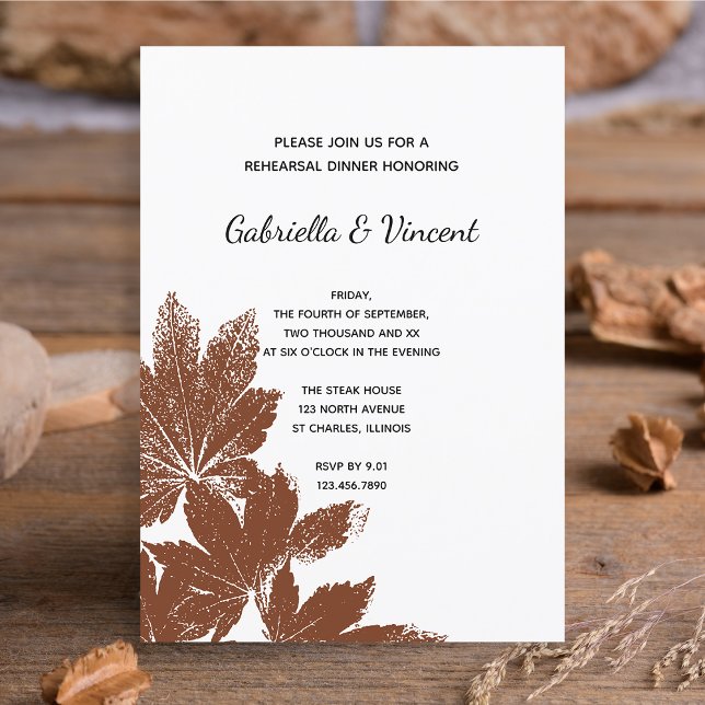 Brown Fall Leaf Stamp Wedding Rehearsal Dinner Invitation (Fall in Love with this natural woodland rehearsal dinner invitation.)