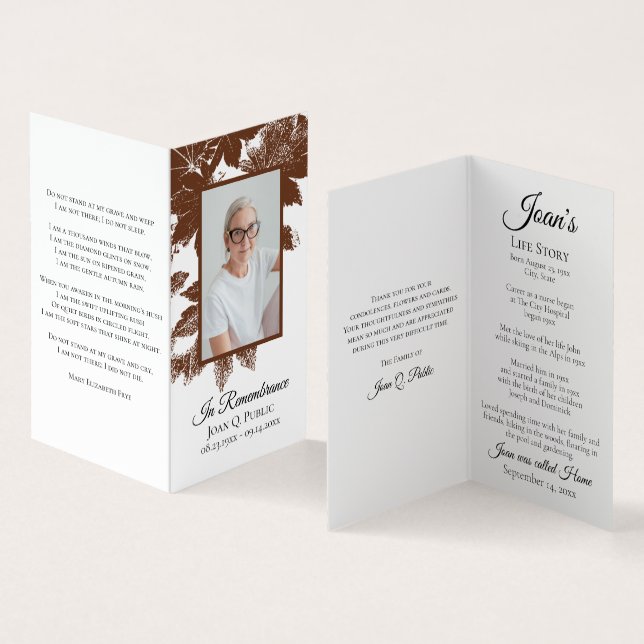 Brown Fall Leaves Funeral Service Memorial Prayer Business Card (Inside and Outside)
