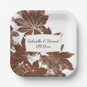 Brown Fall Maple Leaf Stamp Wedding Paper Plate