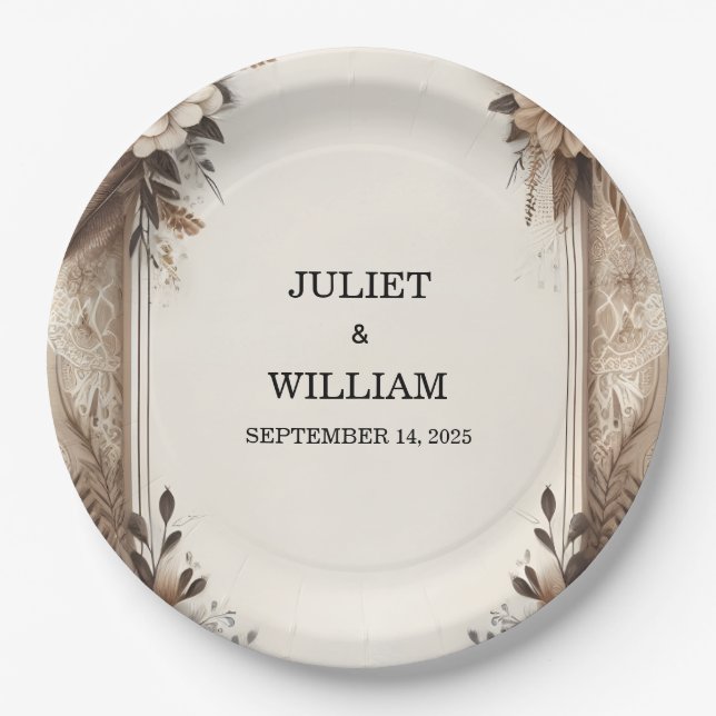 Brown Fall Wood Paperie Recycled Paper Wedding Paper Plate (Front)